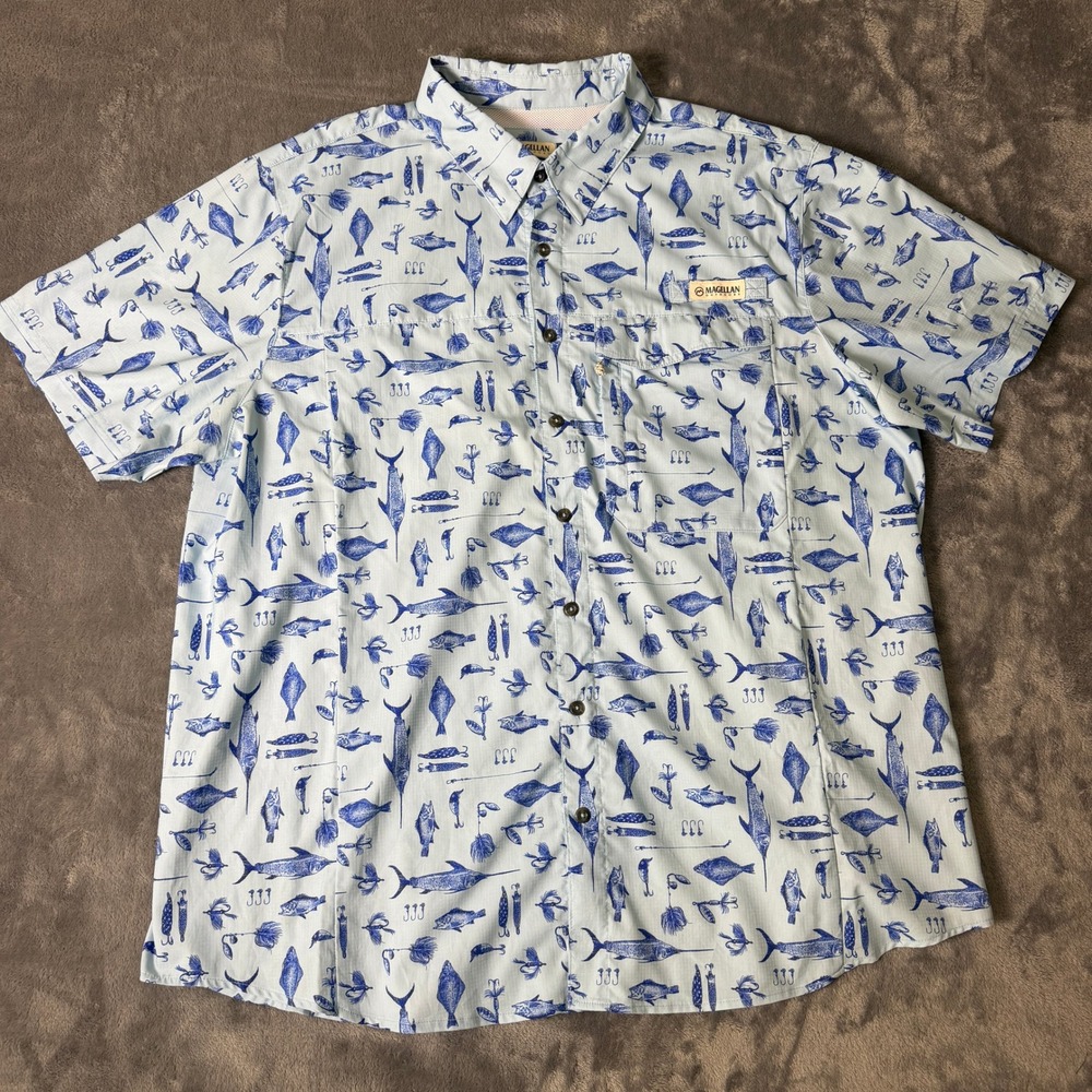 Magellan Outdoors CLASSIC FIT Caddo Lake Fishing‎ Shirt Mens 2XL Blue Fish Print